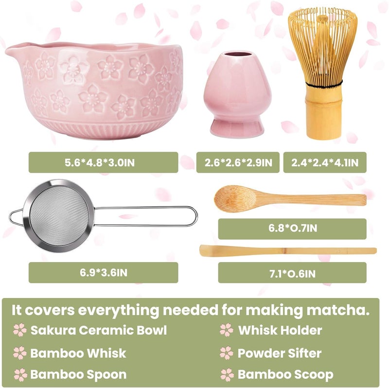 RANERANE Matcha Whisk Set, Sakura Pink Ceramic Matcha Set Includes Matcha Bowl, Matcha Whisk (Chasen) and Holder, Sifter, Bamboo Scoop & Spoon - 6 Pcs Matcha Kit for Matcha Lovers - Image 2